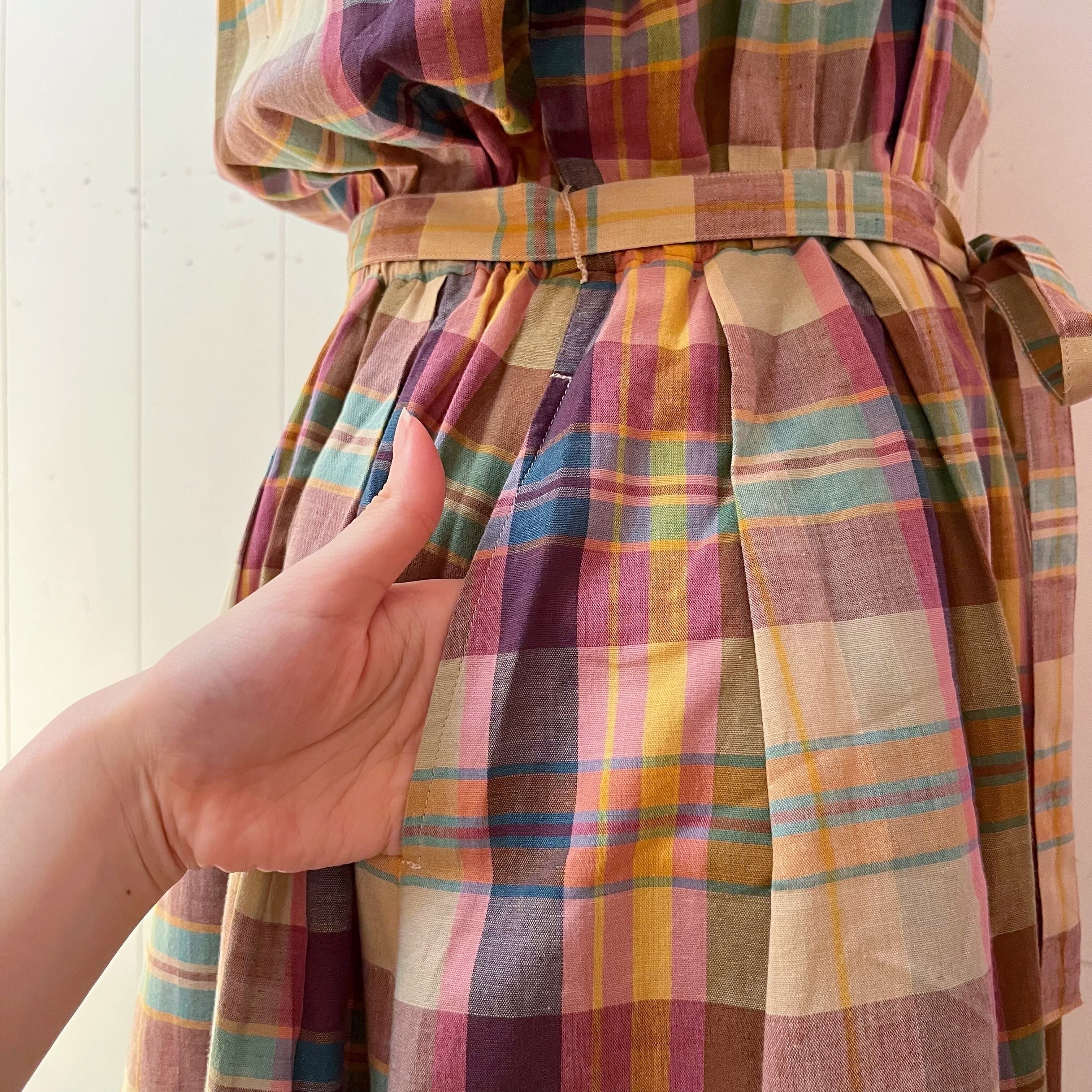 yellow pink check open collar one-piece