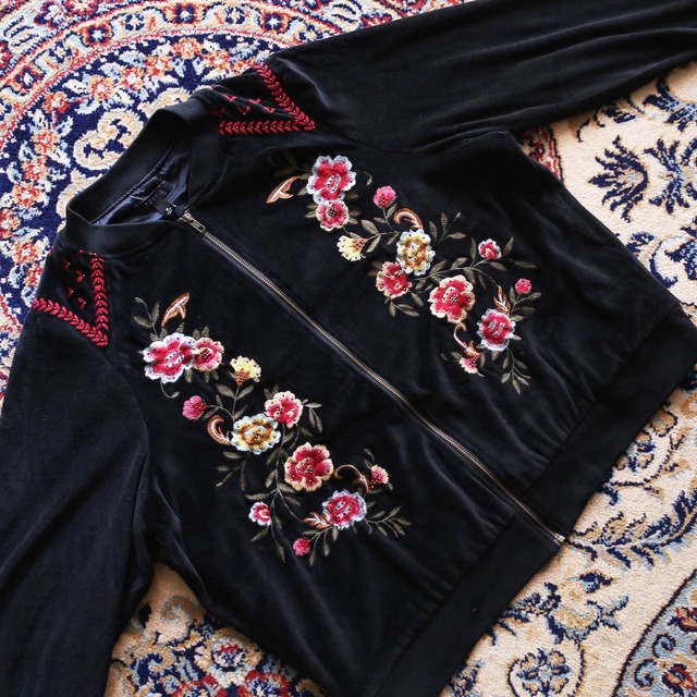 flower embroidery zip up mode jacket