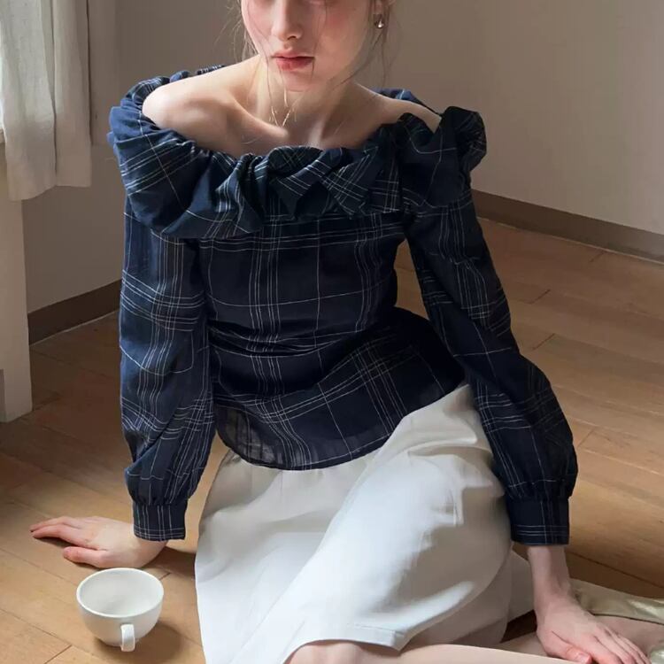 One-shoulder checked shirt 00164