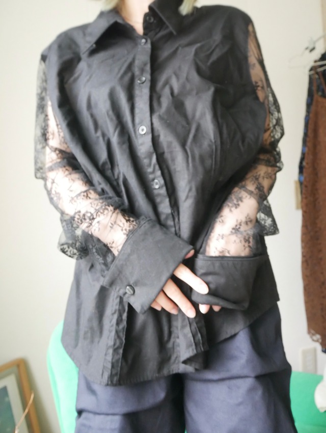 90s-I・N・C Lace Sleeve Shirt / Black