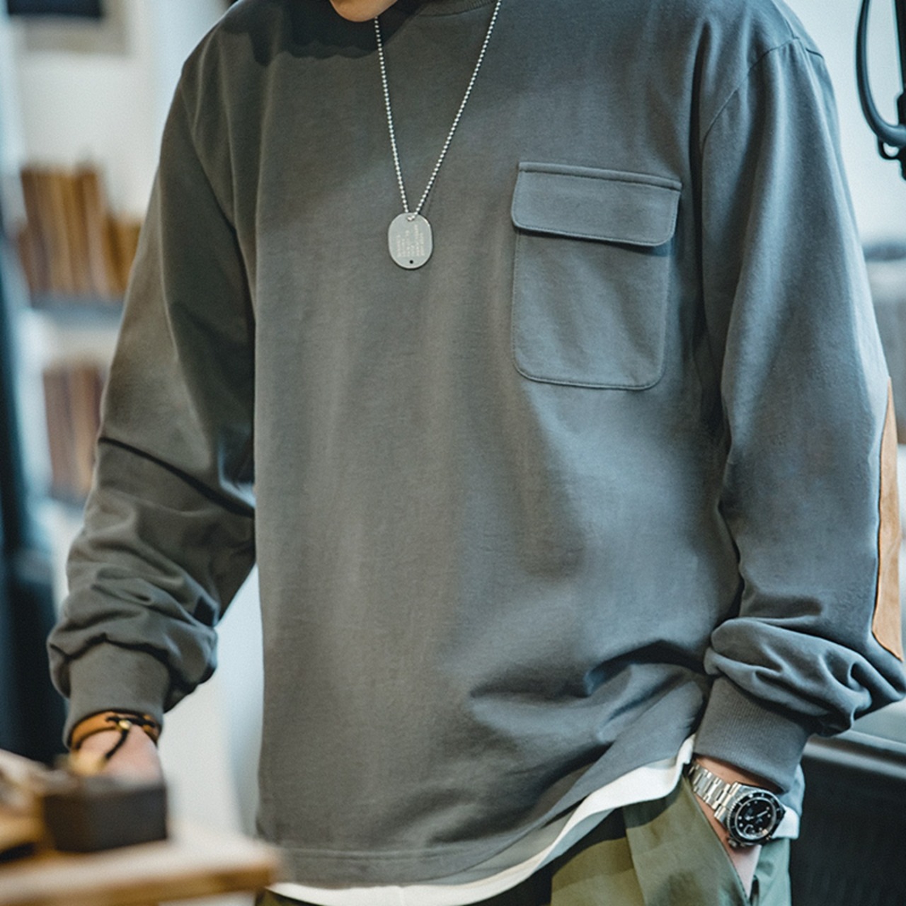 Plain Pocket T-Shirt Crew Neck ◇2color H0104