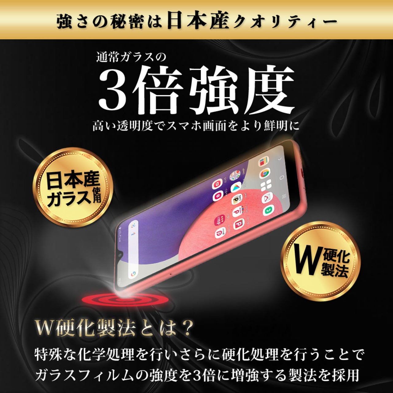 Hy+ Galaxy A22 5G フィルム SC-56B ガラスフィルム W硬化製法 一般ガラスの3倍強度 全面保護 全面吸着 日本産ガラス使用 厚み0.33mm ブラック