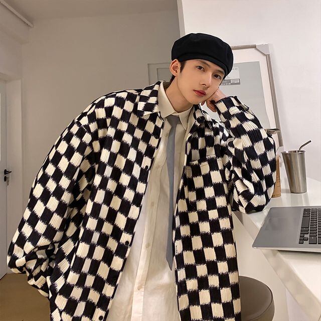 【予約販売】チェック柄 シャツ ブラック パープル メンズ 韓国 トレンド M/L/XL/2XL