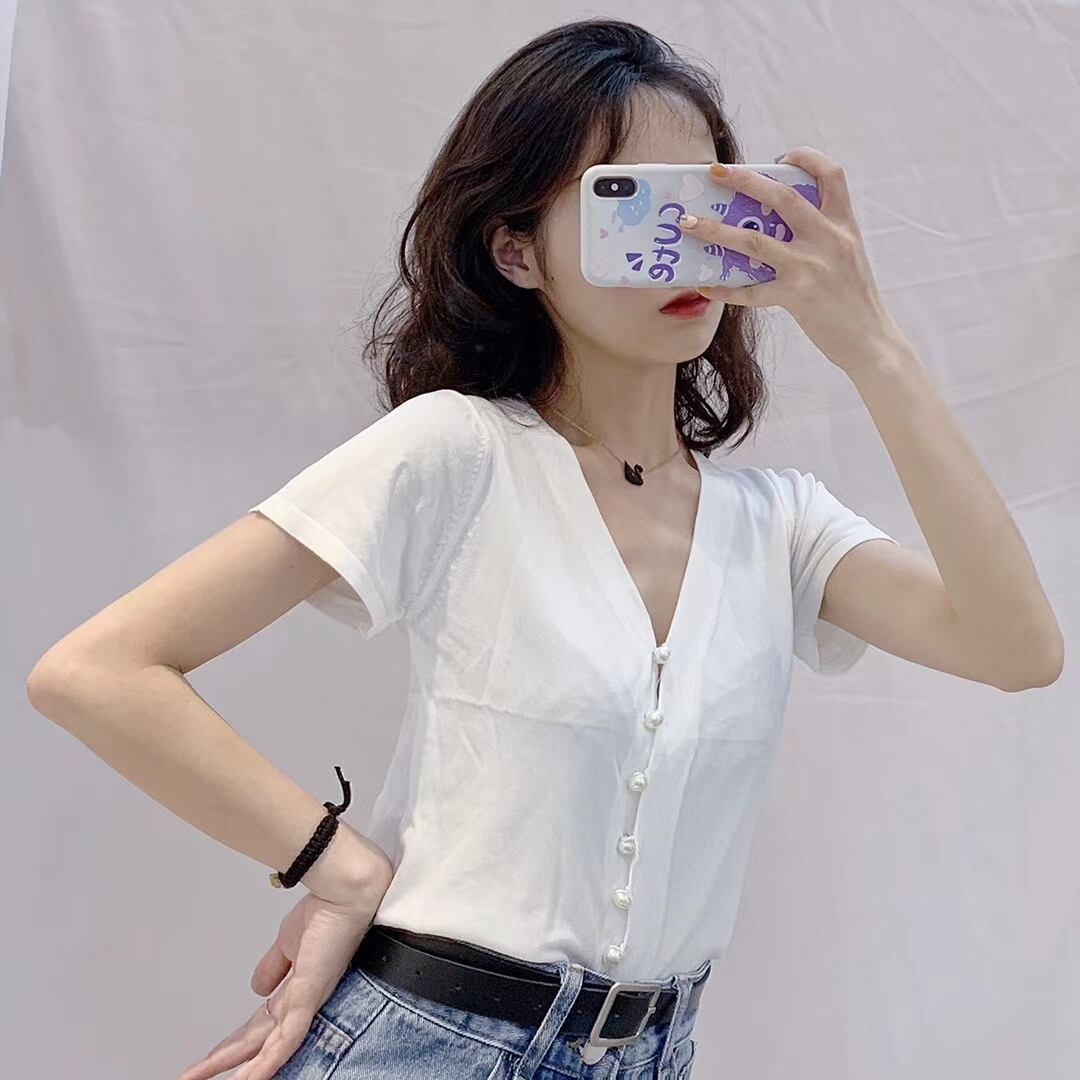 パールボタン Vネック5部袖カーディガン AJ111-211