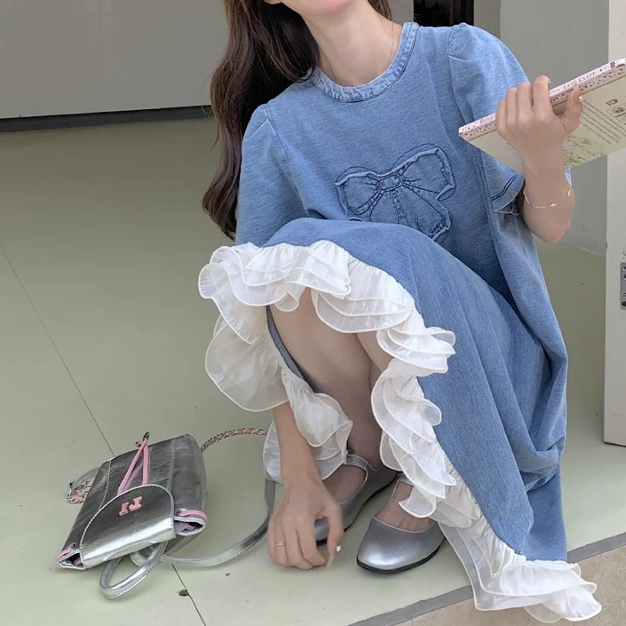 【S-XL】センターりぼんワンピース