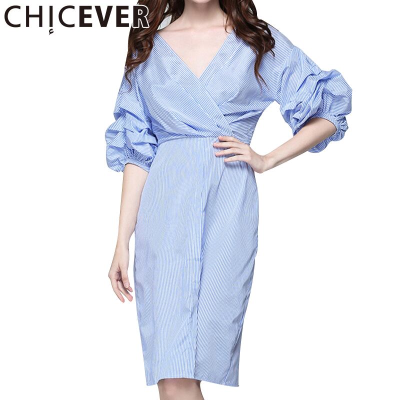 CHICEVERサマーレディースドレス2020チュニックストライプランタンスリーブスリムVネックルーズドレス洋服ホットアイテムVestidos 夏物 6base548662396812