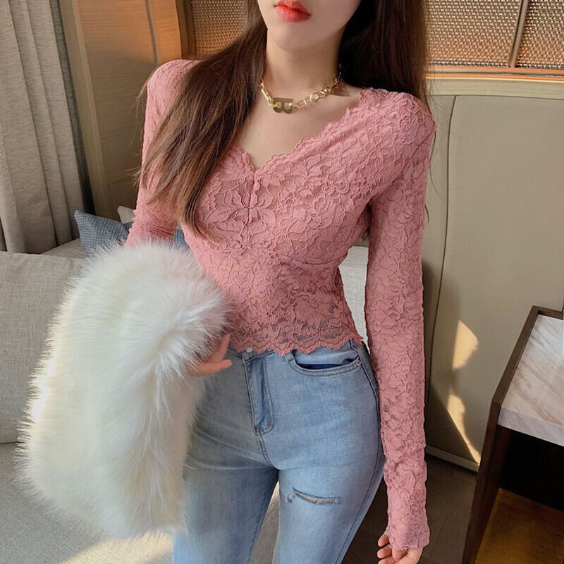 Vネックレースブラウス オータムシャツ ロング 秋物 ピュア ガールズファッション22058036710