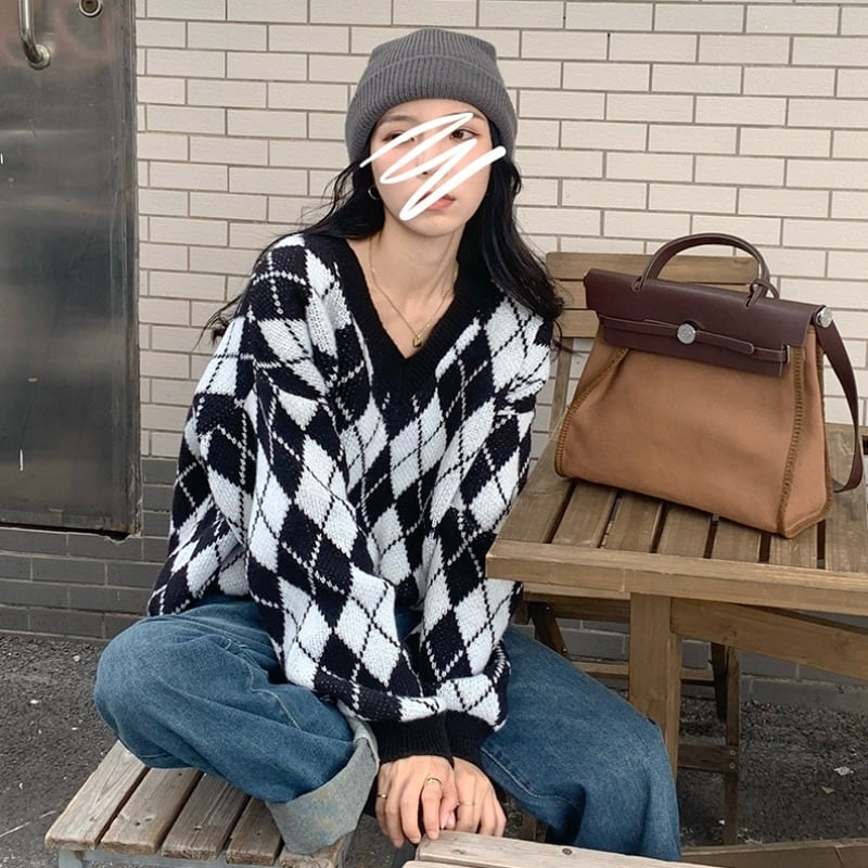 スタイルスタンダードルーズVネックセーター オータムトップス コート ロング レトロ 秋物 モンロー91949109642