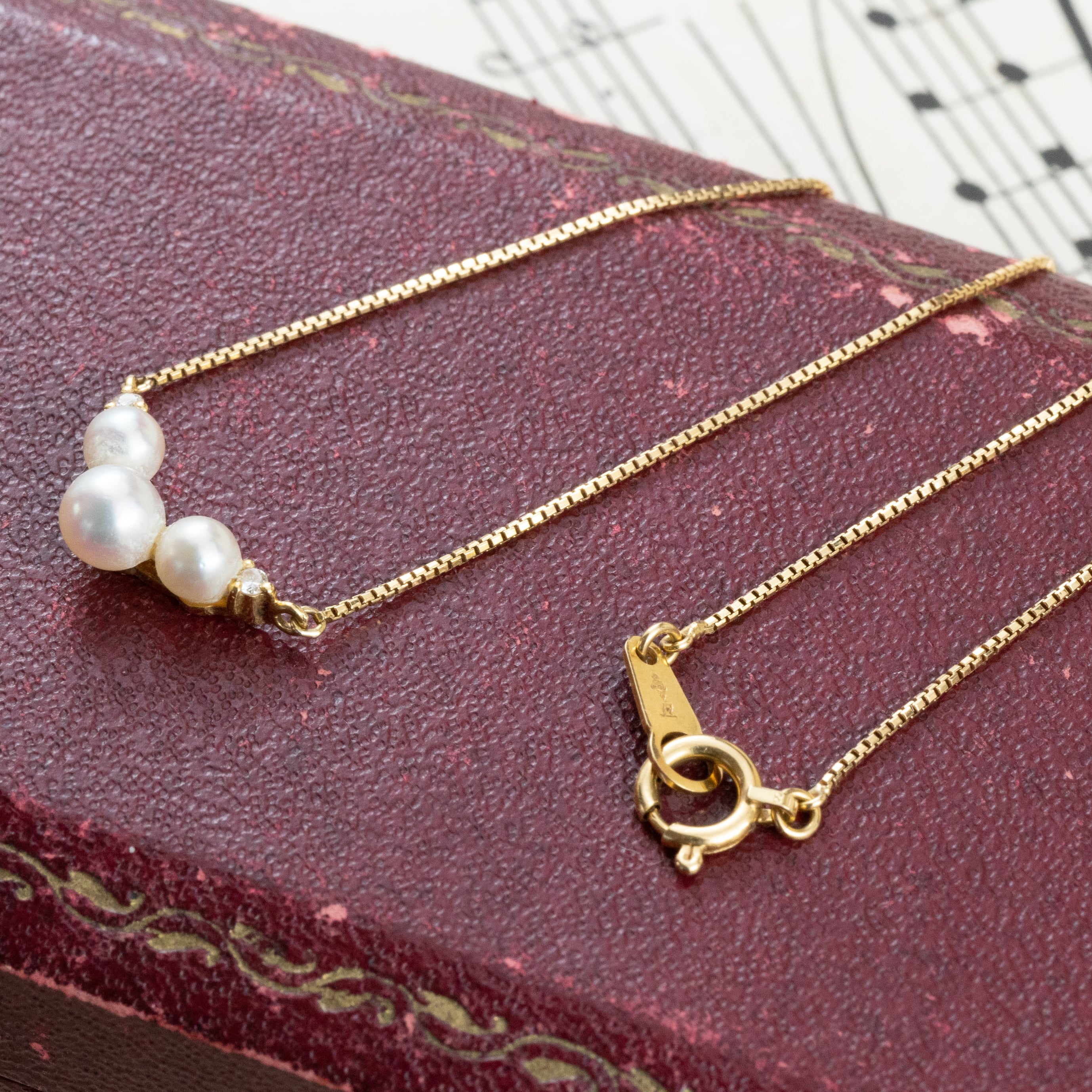 ヴィンテージ ジュエリー K18 3珠 ダイヤモンド 0.03ct パール シンプルデザイン チェーン ネックレス 42cm OKN00018