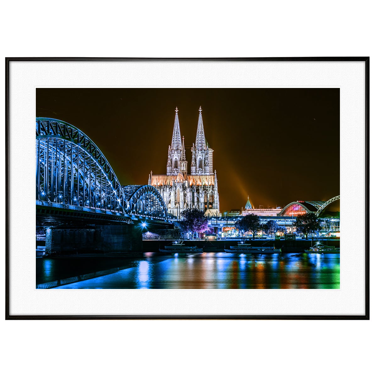 夜景写真 ドイツ ライン川に架かるホーエンツォレルン橋とケルン大聖堂 インテリアアートポスター額装 AS0459