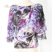 社交ダンス 衣装 トップス ブラウス パープル系 チャコットロイヤルダンス Chacott ROYAL DANCE フリル 日本製 紫 黒 白 上品 鮮やか 伸縮 ストレッチ 練習 レッスン パーティー かわいい イベント 葉っぱ柄 ホワイト系 ブラック系