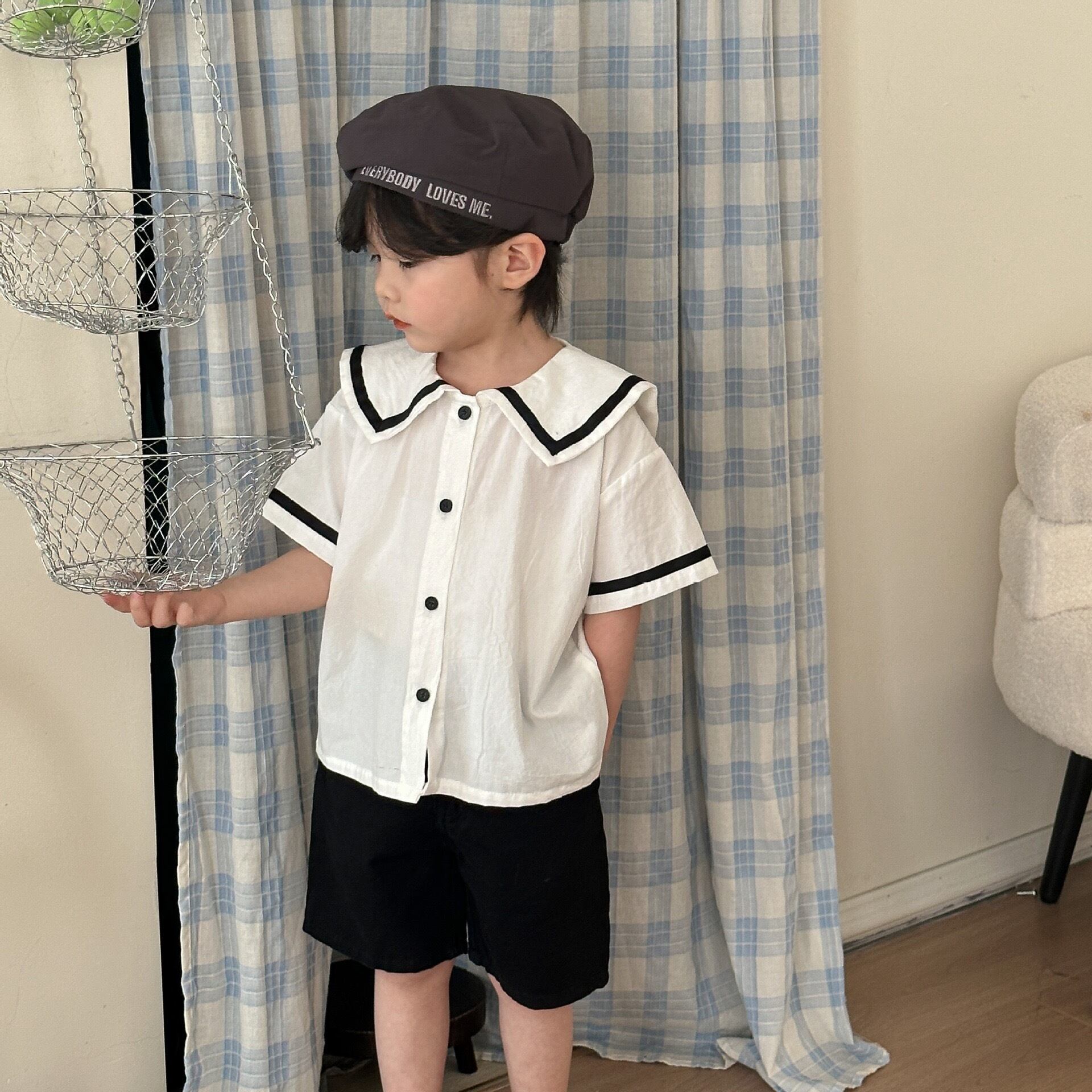 キッズ男の子女の子100％綿セーラー服リンクコーデ 半袖ワンピース 
