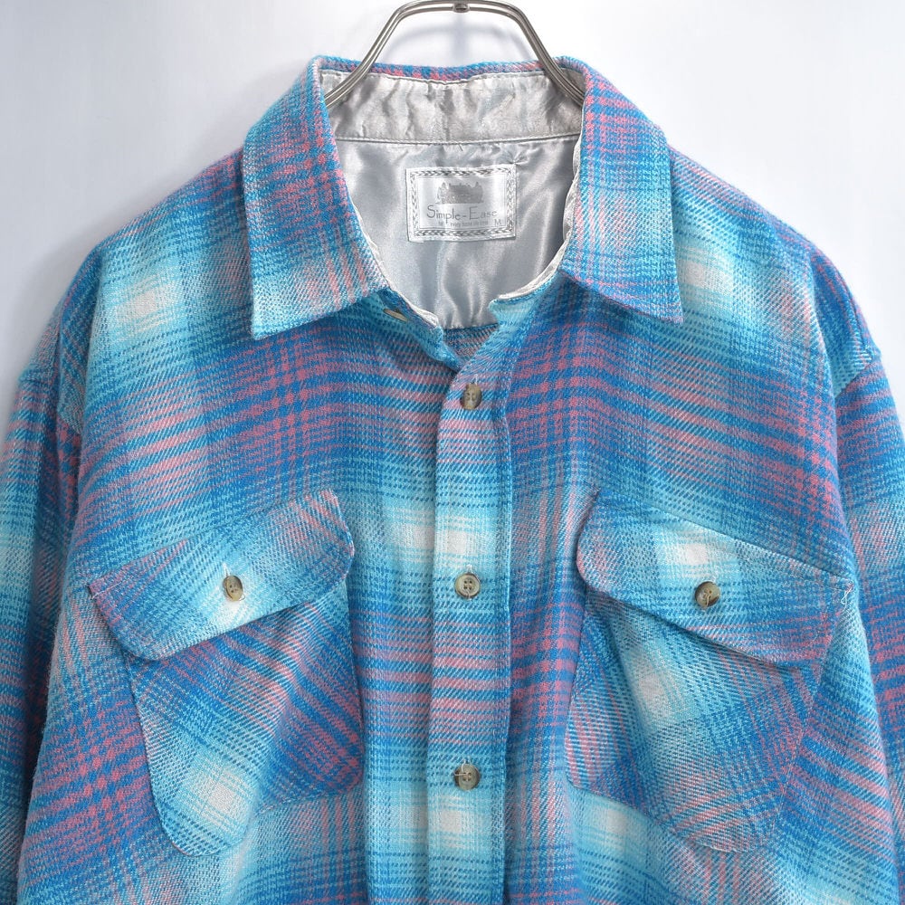 90s~ Simple-Ease アクリルウール オンブレチェック シャツ 長袖 ヴィンテージ シャドーチェック ブルー ピンク ビンテージ 総柄シャツ 古着 メンズL相当