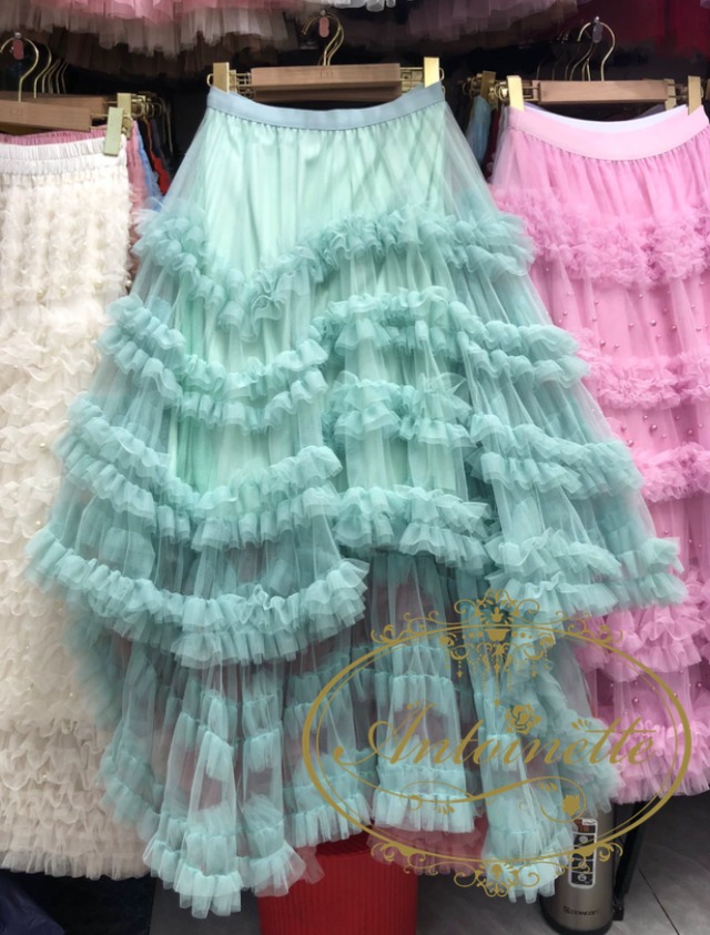 4カラー ミントグリーン ボリューム チュール アシンメトリー フリル ロングスカート 原宿系 ゆめかわいい パステルグリーン ボリューム チュール フリルスカート コンサート 推し活