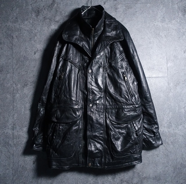 Black layered double collar leather half coat