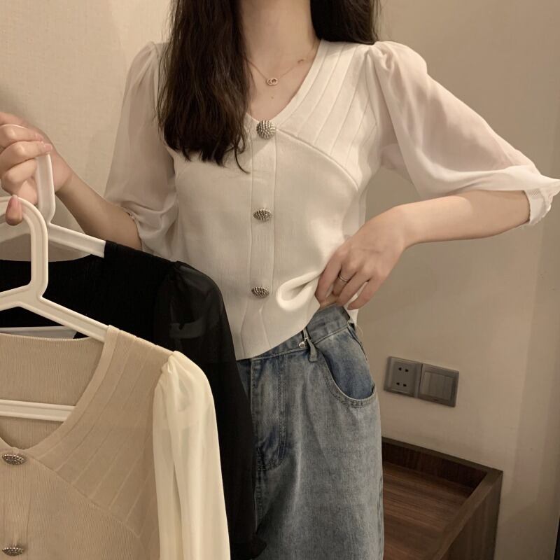 サマーニットセーター レディースホワイトクロップドトップス スリムシャツ 夏物 ステッチ 1号婦人22292645315