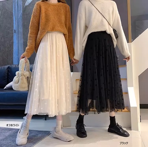 スカート チュール フレア プリーツ メッシュ ミドル丈 ミモレ丈 Aライン ハイウェスト クローバー ウェストゴム スイート きれいめ ボトムス 透け感 裏地付き らくちん かわいい 体型カバー