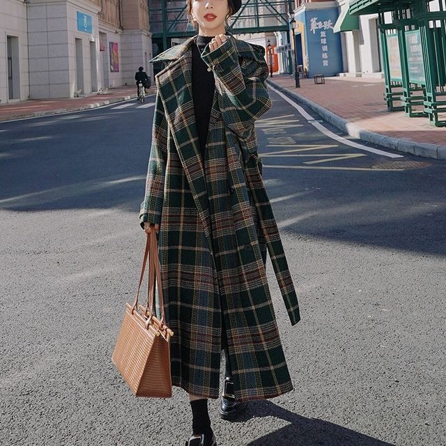 予約販売】チェック柄コート レディース ロング丈 グリーン 大人可愛い 