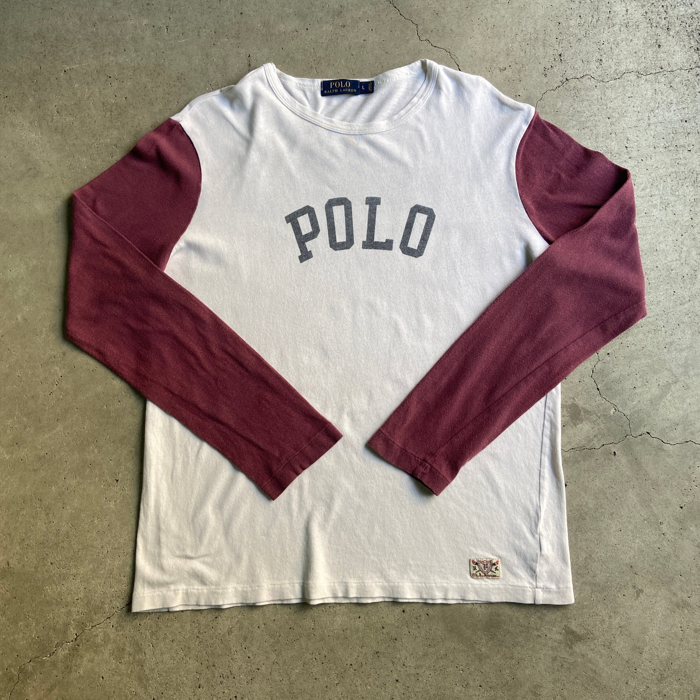 Polo Ralph Lauren ポロラルフローレン ロゴプリント 袖切り替え 長袖Tシャツ メンズL 古着 ホワイト×えんじ 白 ロンT  【ロングTシャツ】【3anniv】【CS2312-AL2】 | cave 古着屋【公式】古着通販サイト