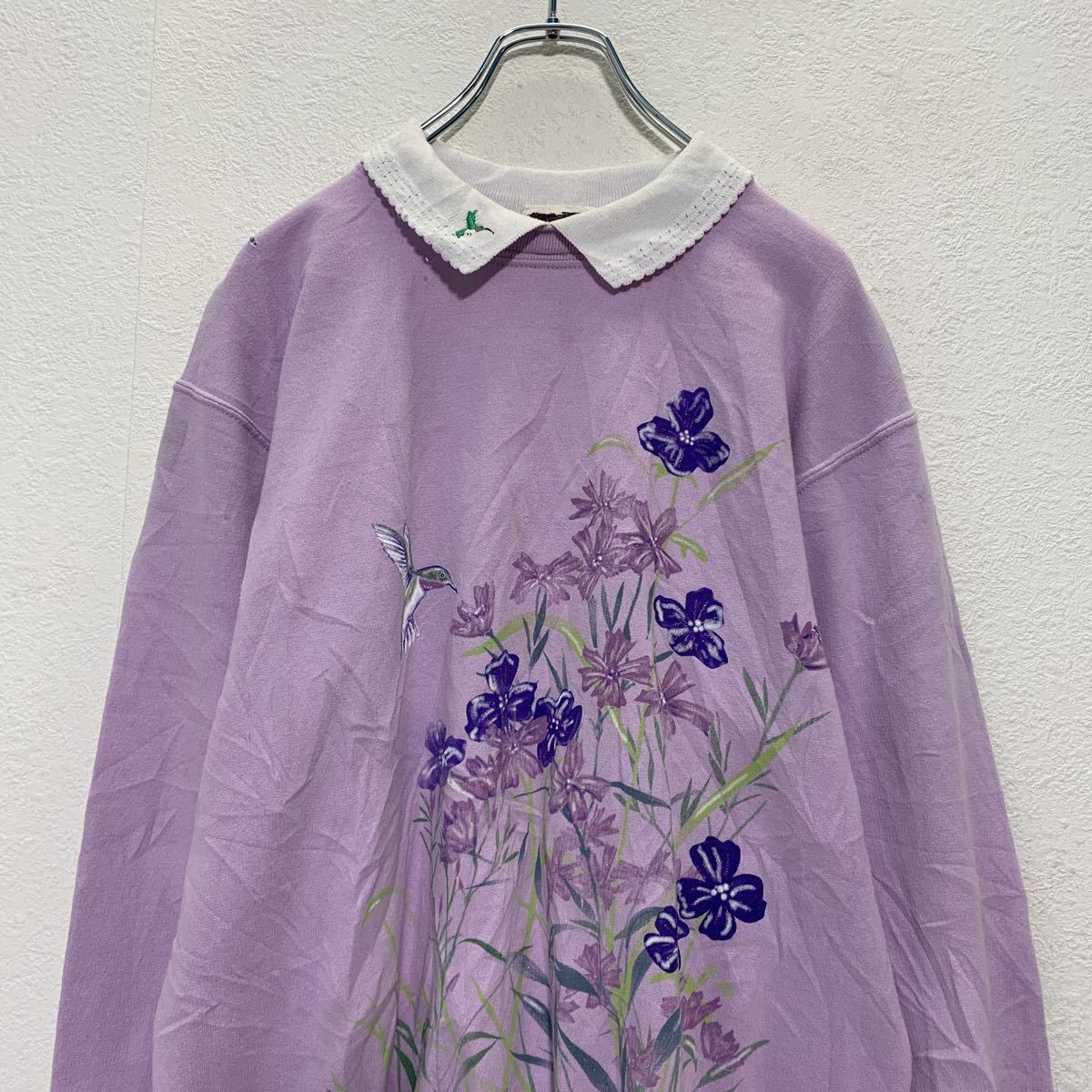 プリント スウェット トレーナー レディースM パープル 紫 鳥 花 刺繍