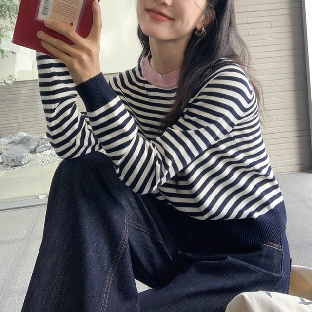 collar contrast border knit top J00003