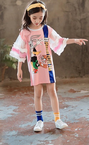 お袖がチュールでかわいい！バッグスバニーTシャツワンピ♪インポート ガールズ 夏