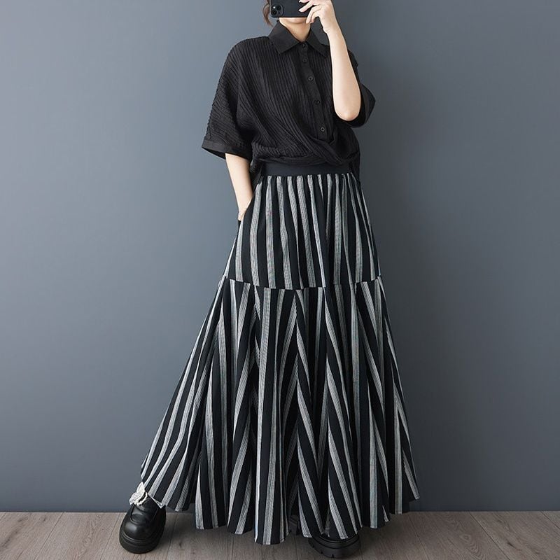 STRIPED ASYMMETRIC HIGH WAIST MAXI SKIRT M-17712