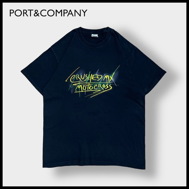 【PORT&COMPANY】crushed mx motocross モトクロス ロゴ プリント Tシャツ L 半袖 黒 US古着