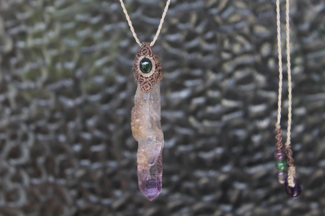 Amethyst point & Chrome Tourmaline  micro macrame pendant