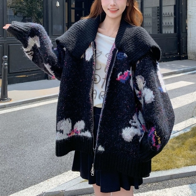 Flower jacquard zip knit cardigan　B1298