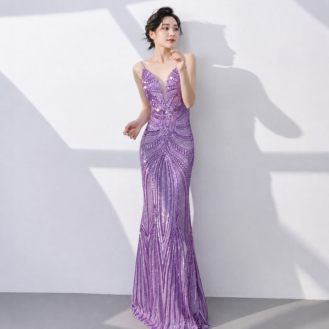 Sequin Embellished V-Neck Long Tight Dress V3490