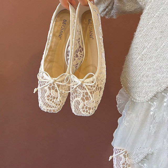 lace bow mesh ballet shoes low heel（2color）＜s3075＞