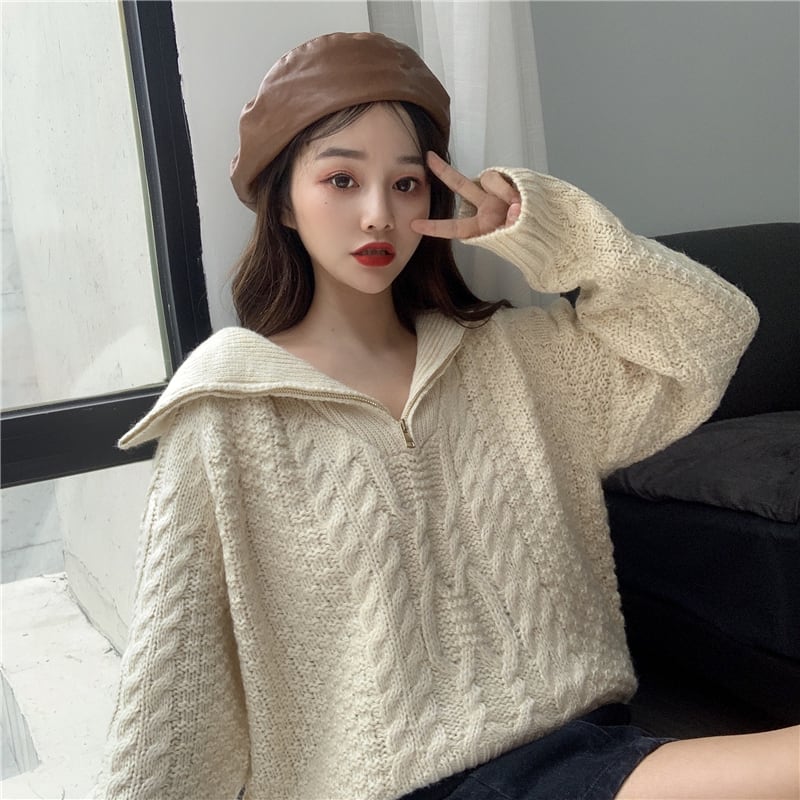 ★韓国の人気★【YOUTHBATH】★COLOR OVER-FIT KNI.T★ニット★ プルオーバー ハーフジップアップ ニット セーター アプリコット
