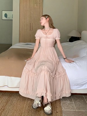 ピンクのドレスの女性半袖ビーチスタイルワンピースドレス ese さえパーティーシック ショート ハーフスリーブ rg0713d59274451156