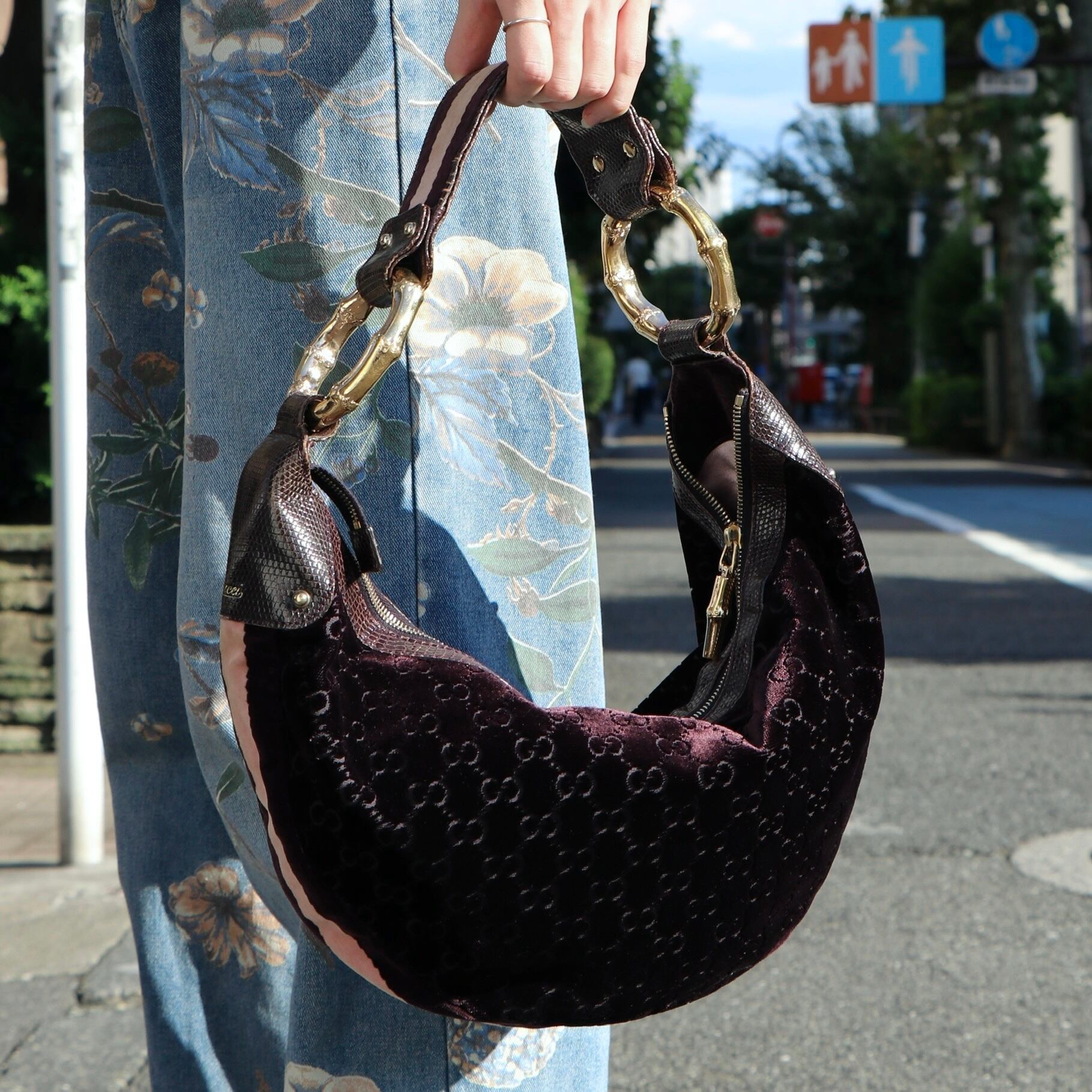 GUCCI グッチ GG バンブー ホーボーバッグ リザード ベルベット | 2122