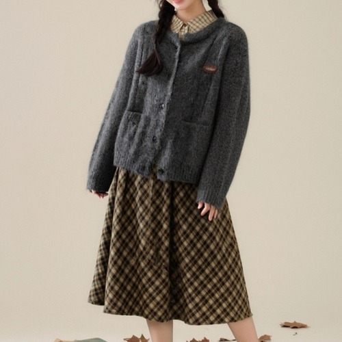 ノーカラーポケット付きニットカーデ ・9488