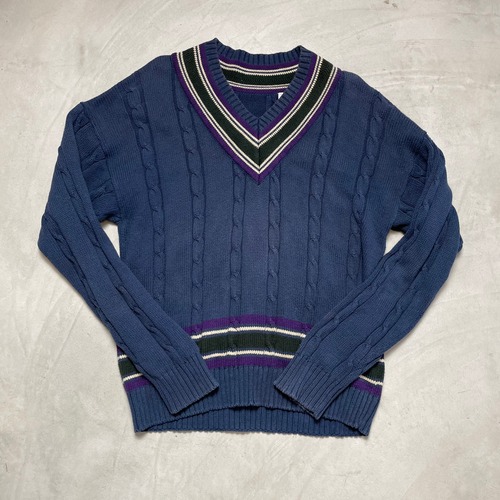 コットンニットセーター メンズL相当 古着 ケーブルニット ネイビー 紺色 ワンポイントロゴ刺繡【ニットセーター】