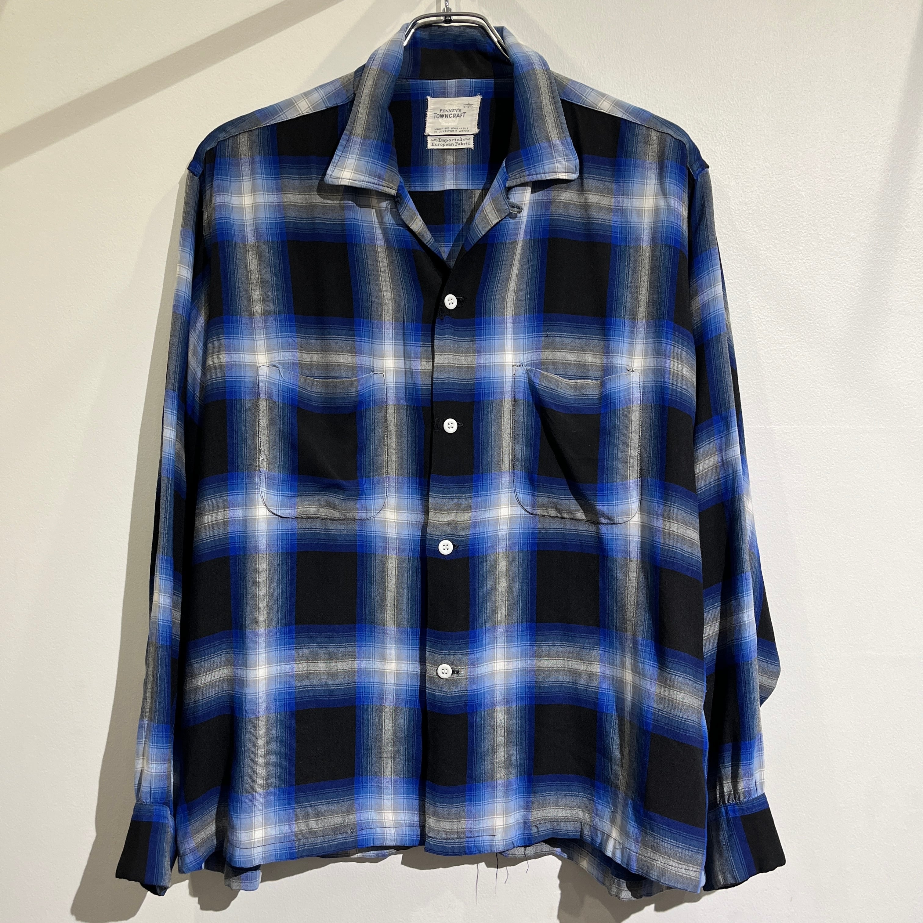60s TOWNCRFT Ombre Check Rayon Shirt 60年代 タウンクラフト オンブレ レーヨン シャツ 黒青 16 1/2  グランジ