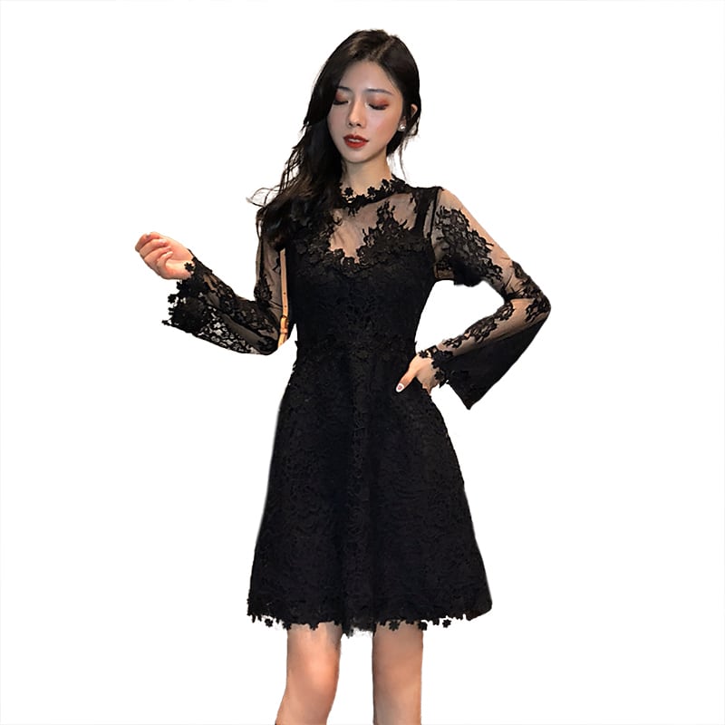 【美品 社交ダンス衣装】ワンピース ドレス JUN 黒 シースルー シンプル レティカ Retica フラワーレース刺繍切替 大人Aライン フレアロング