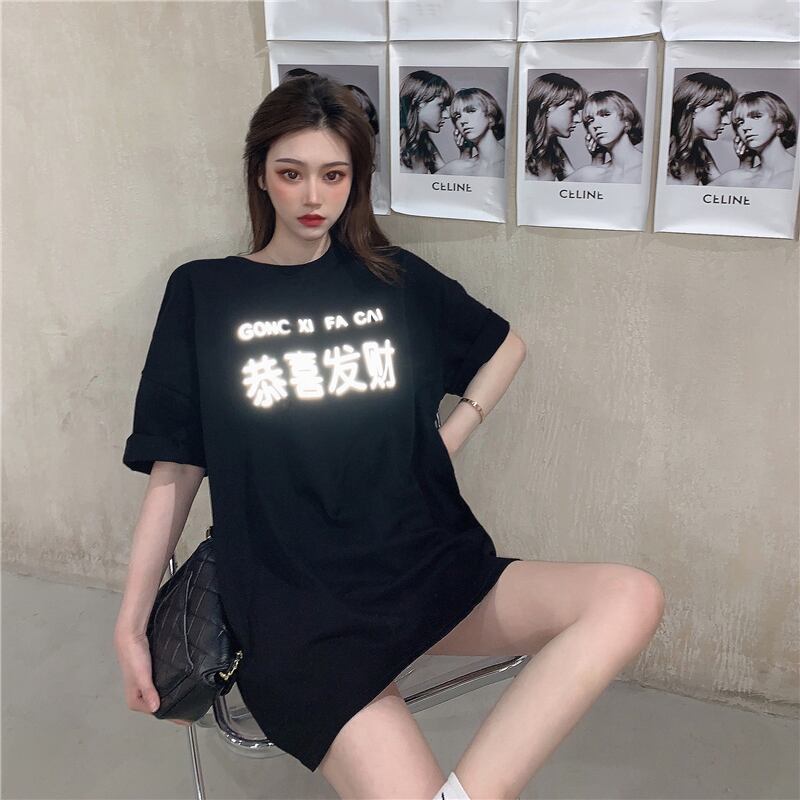 Tシャツ シャツ ロングルーズレッドラウンドネックプリントスプリング 春物 Oネック ブラックストロベリース14599195324