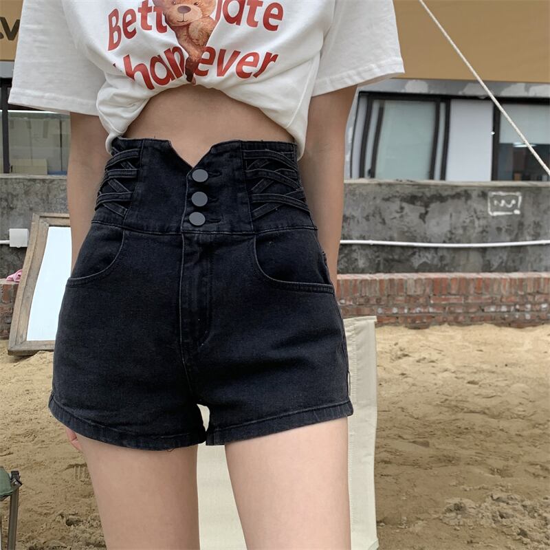 デニムショートパンツ ショートパンツ ホットパンツ ボトム ハイウエスト 無地 シンプル カジュアル 韓国ファッション 2color S L Luluca 韓国トレンドファッションluluca ルルカ