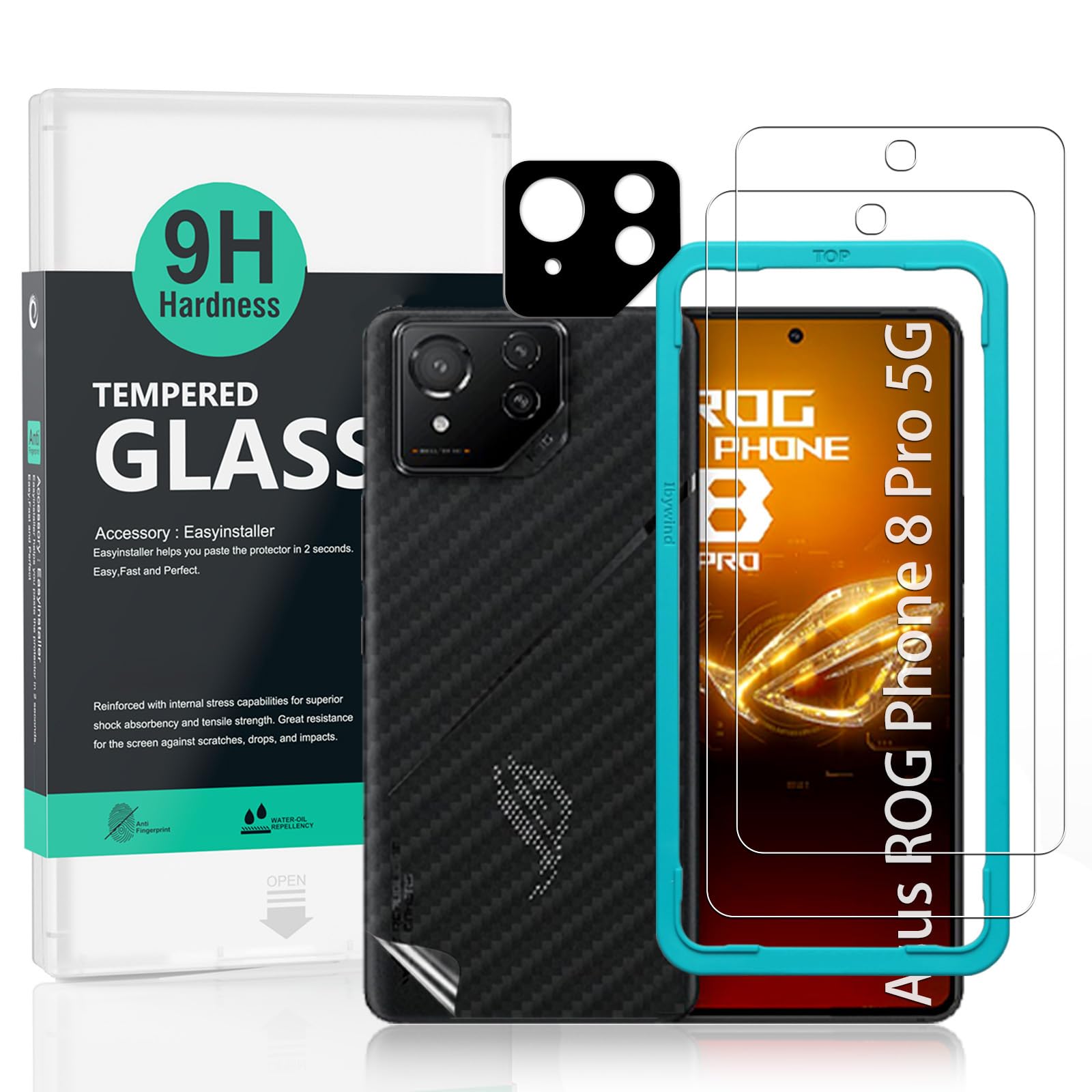 【在庫処分】IBYWIND スクリーンプロテクター 2 パック Asus ROG Phone 8 Pro 5G 6.78 インチ (Asus ROG Phone 8 5G には対応しません)、硬度 9H 強化ガラス、カメラレンズプロテクター 1 枚付き、背面カーボンファイバーフィルム 1 枚、傷防止