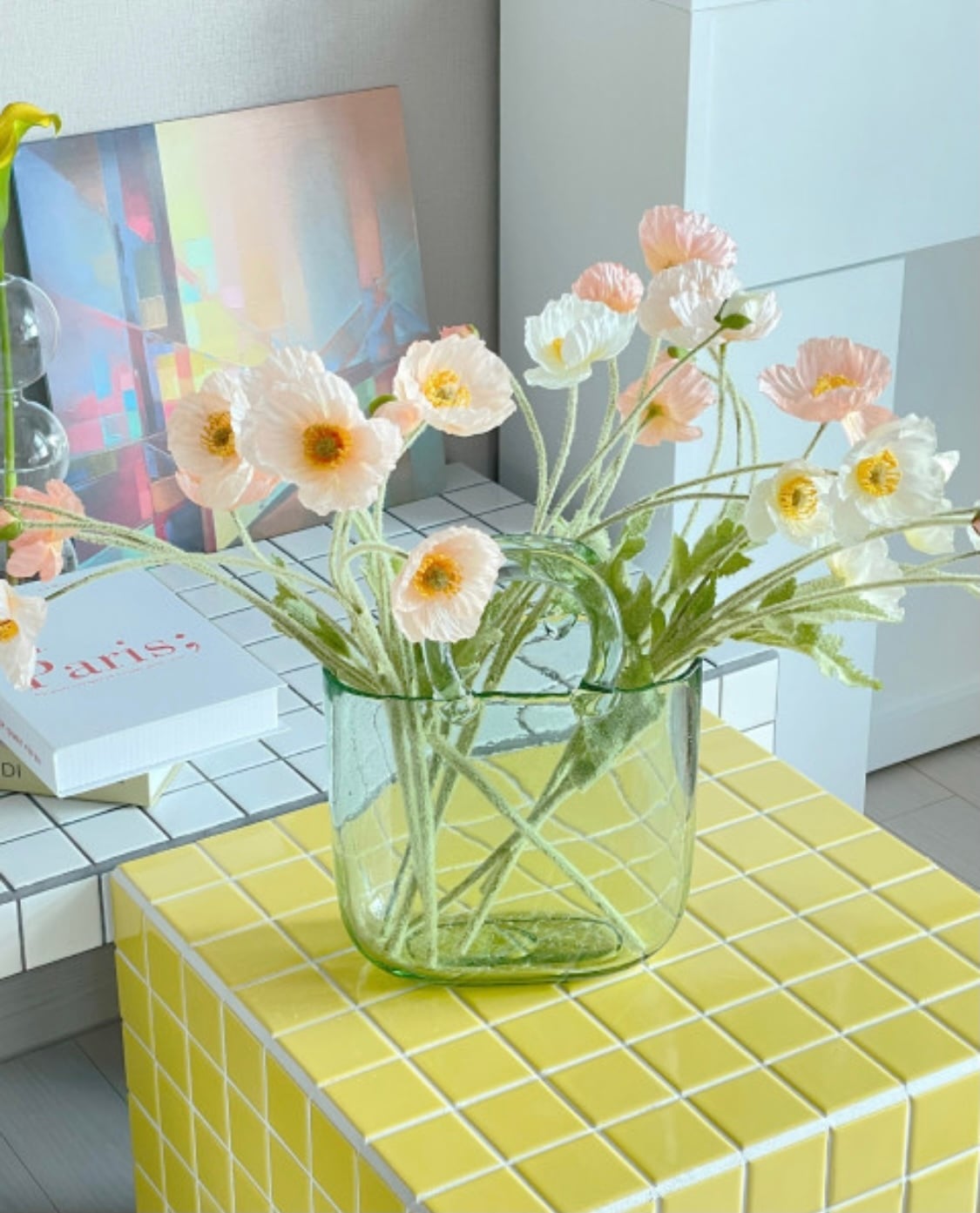 green glass bag vase / バッグ ガラス ベース ハンドル アンティーク