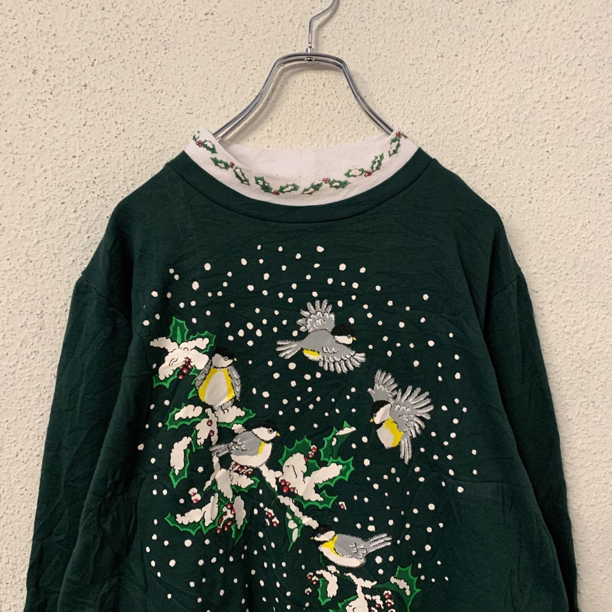 ダブルネック スウェットトレーナー レディース L グリーン 鳥