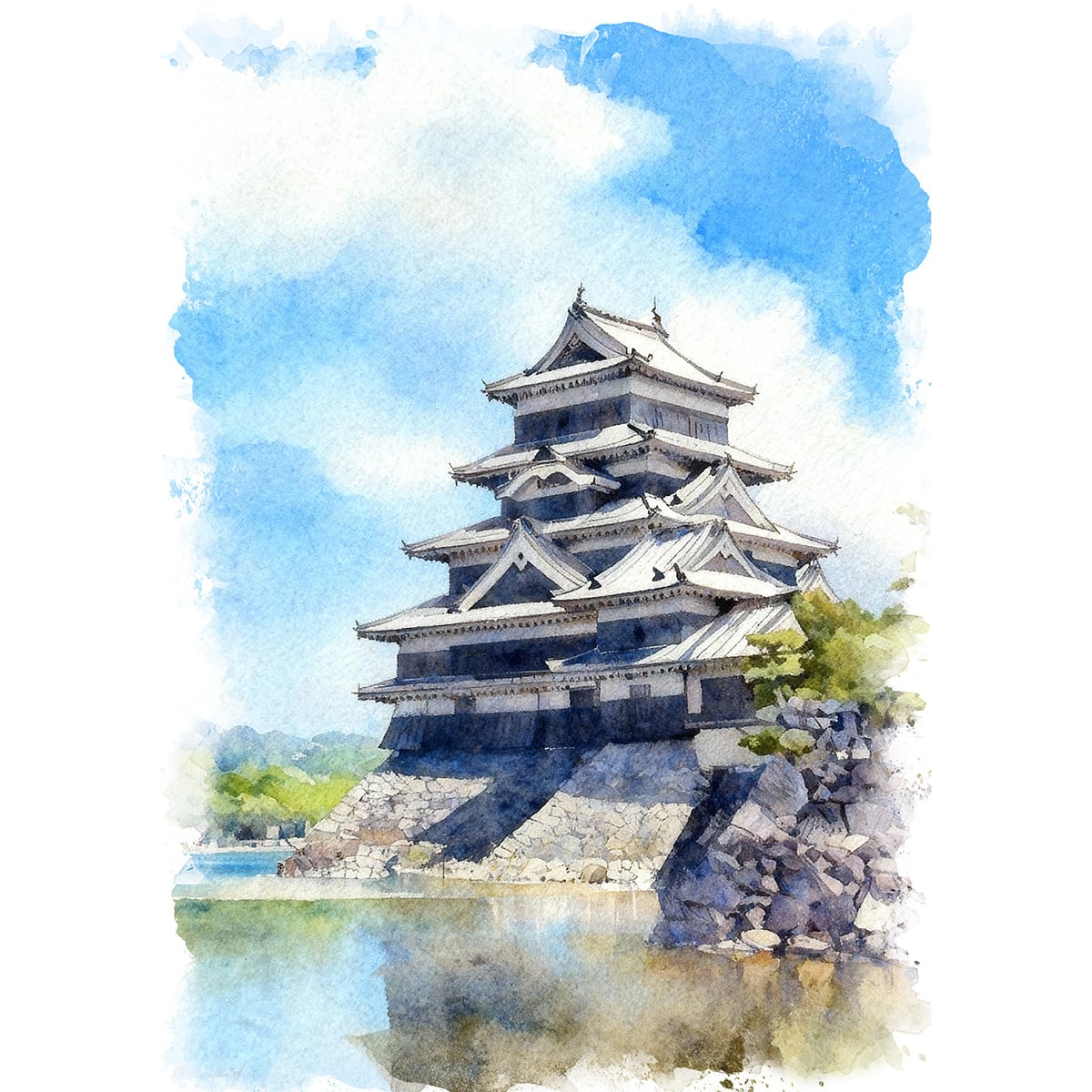 絵画 風景画 日本の城 長野県松本城 インテリアアート額付き 水彩画