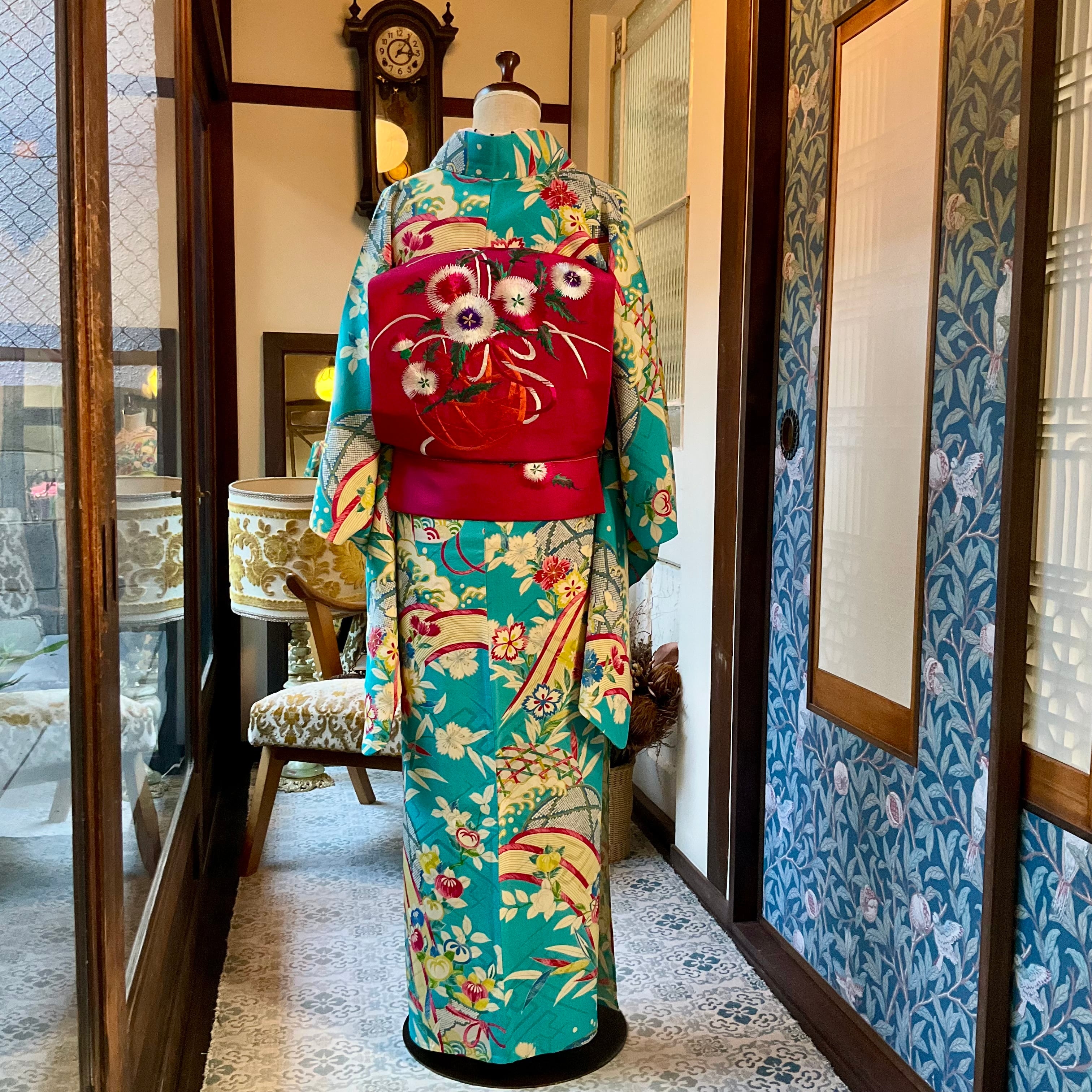 Turquoise Rhapsody＊単衣 桜 撫子 橘 壺 花籠 空色 シアン スカイ