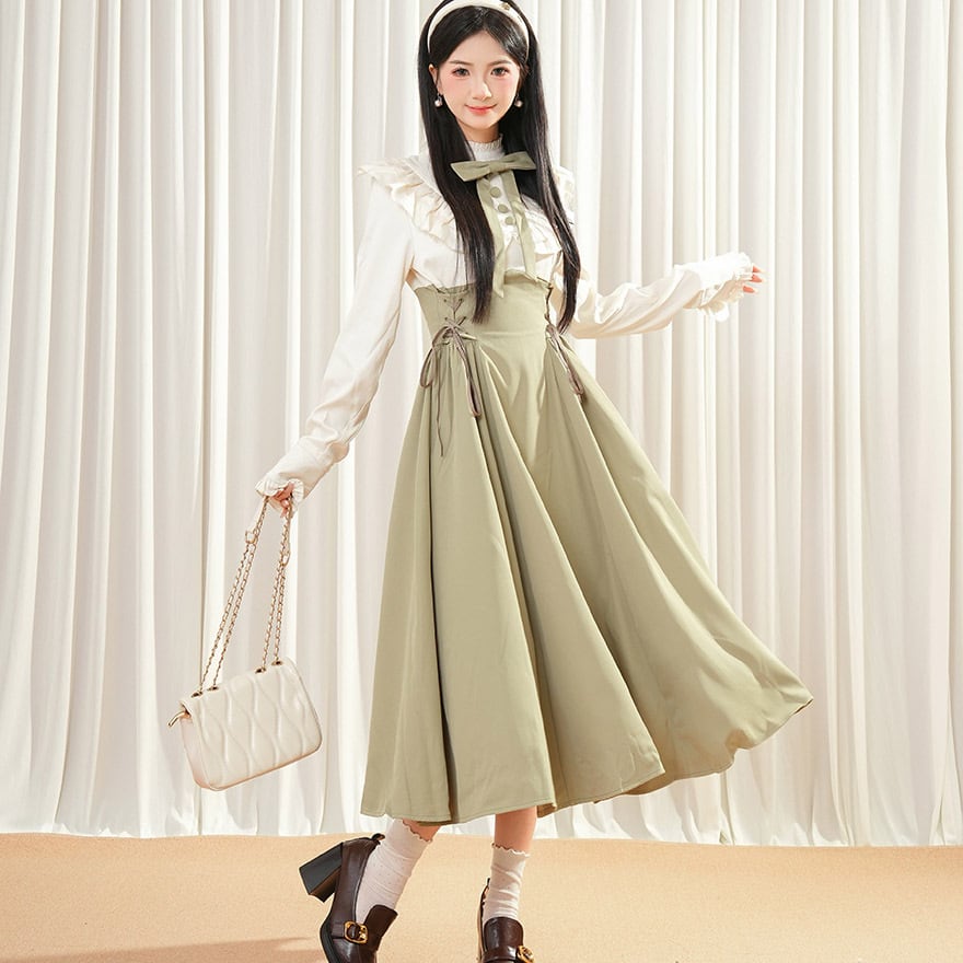 量産型 ワンピ フェイクツーピース ハイウエスト レースアップ クラロリ 普段着使い 秋服