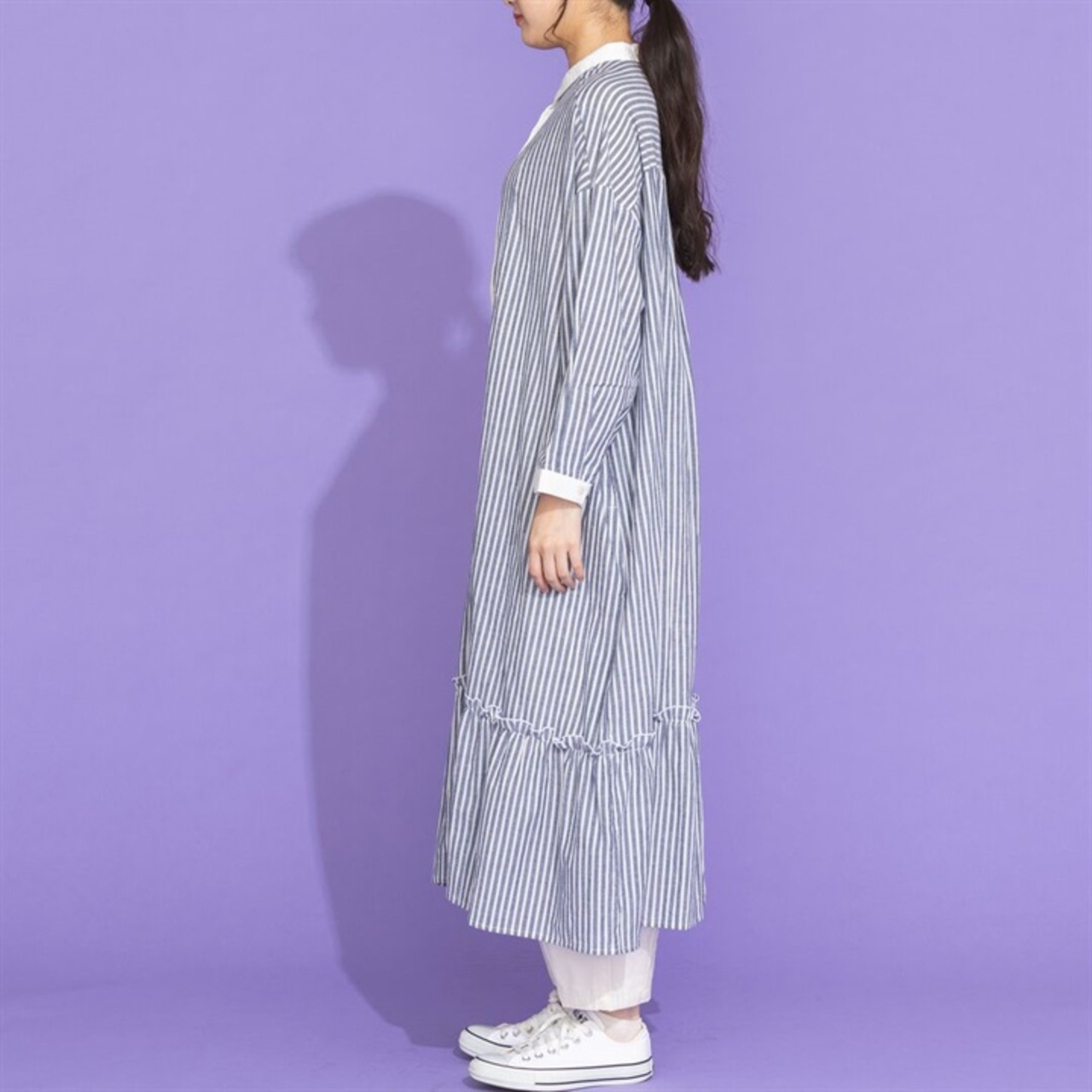 【m.n】長袖裾ギャザー切替シャツワンピース