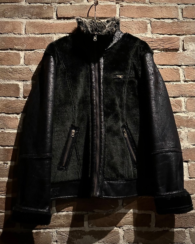 【Caka act3】Faux Mouton × Fur Switching Vintage Stamd Collar Jacket