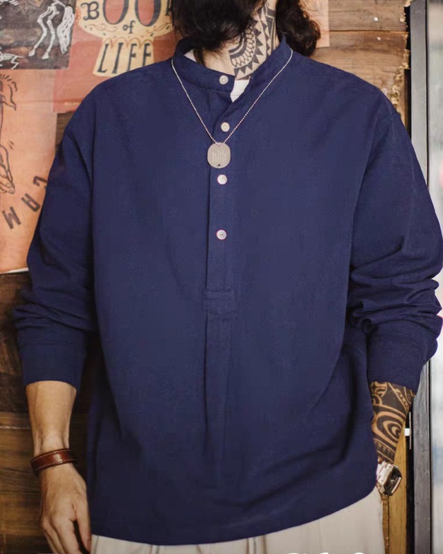 Navy Stand-Up Collar Shirt  K0249